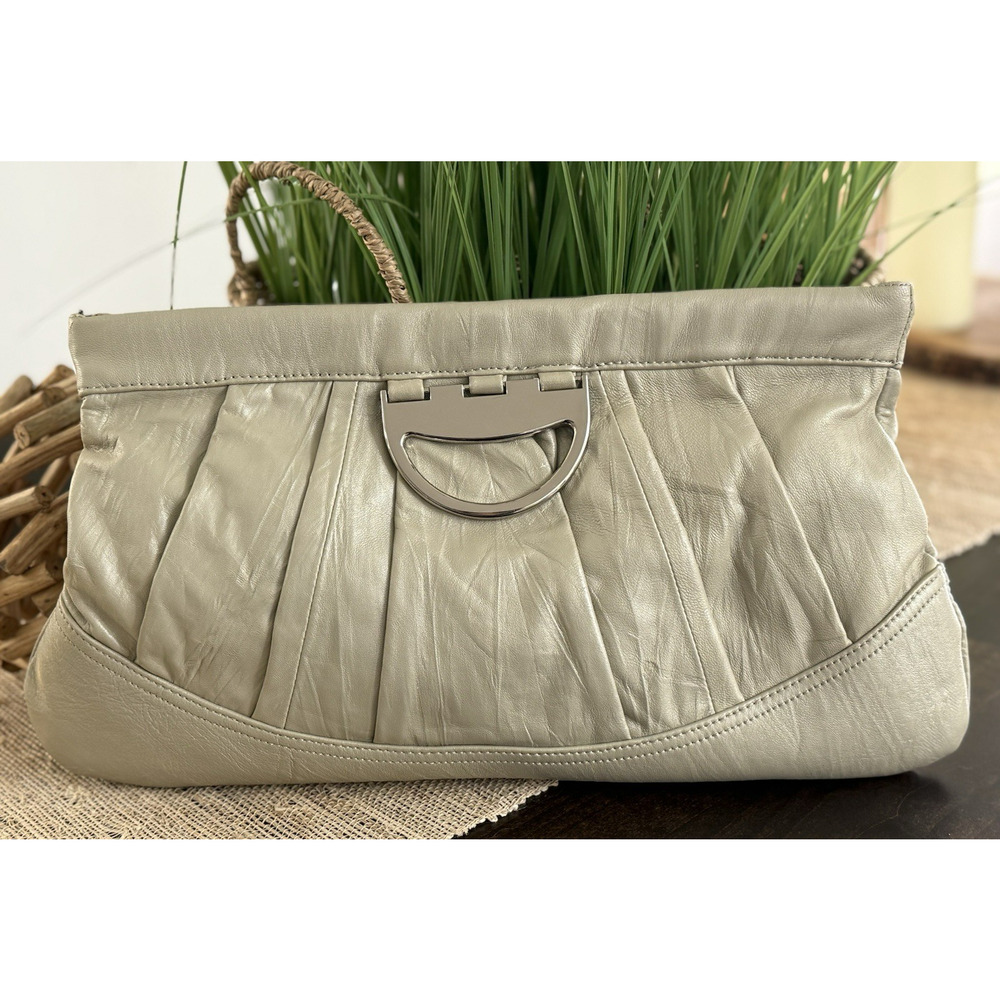 STEVEN Steve Madden NWT Fetish Silver Pleated‎ Leather Hinged Clutch/Bag Taupe